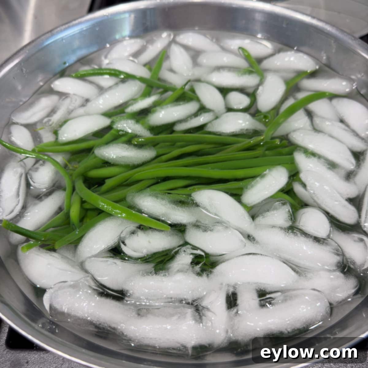 Green beans chilling in an ice bath to retain color and stop the cooking process.