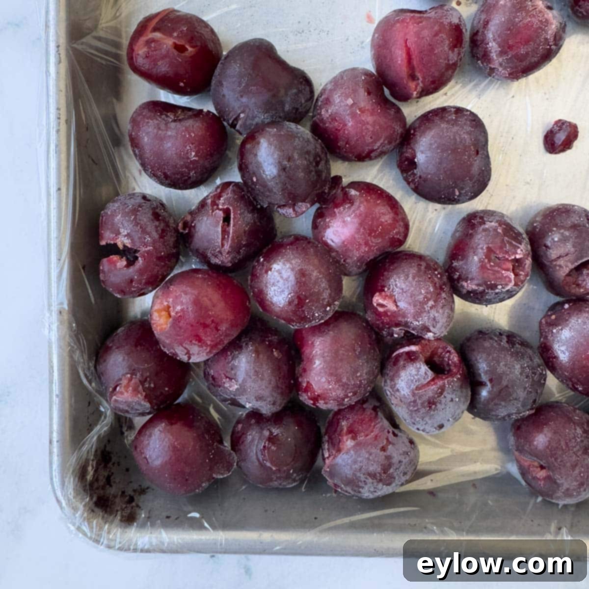 Easy 5-Minute Cherry Smoothie 6 Pitted whole dark red cherries frozen in a single layer on a sheet tray.