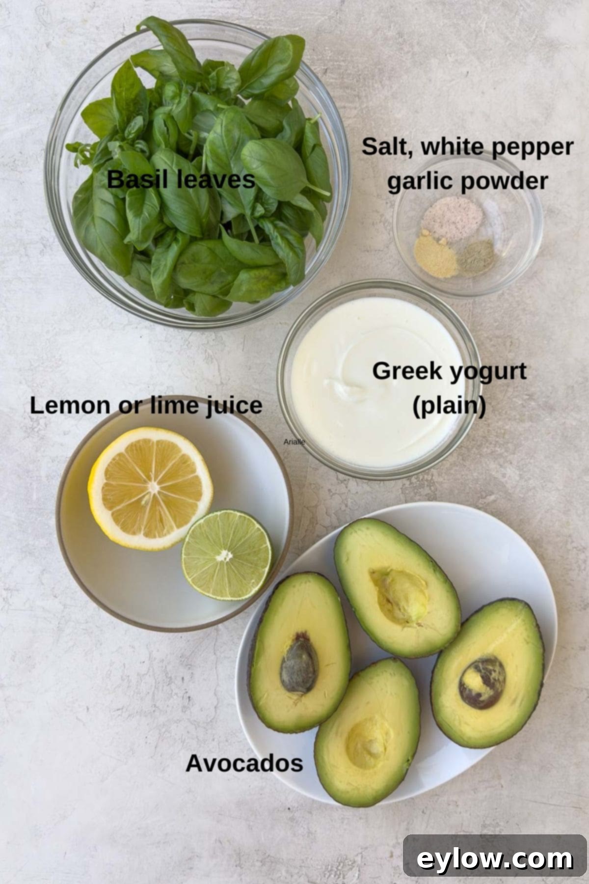 Creamy Avocado Basil Yogurt Dip 3 Ingredients for creamy avocado dip with basil.