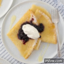 Two perfectly golden and folded crepes served on a white plate, adorned with vibrant blueberry jam and a dollop of whipped cream.