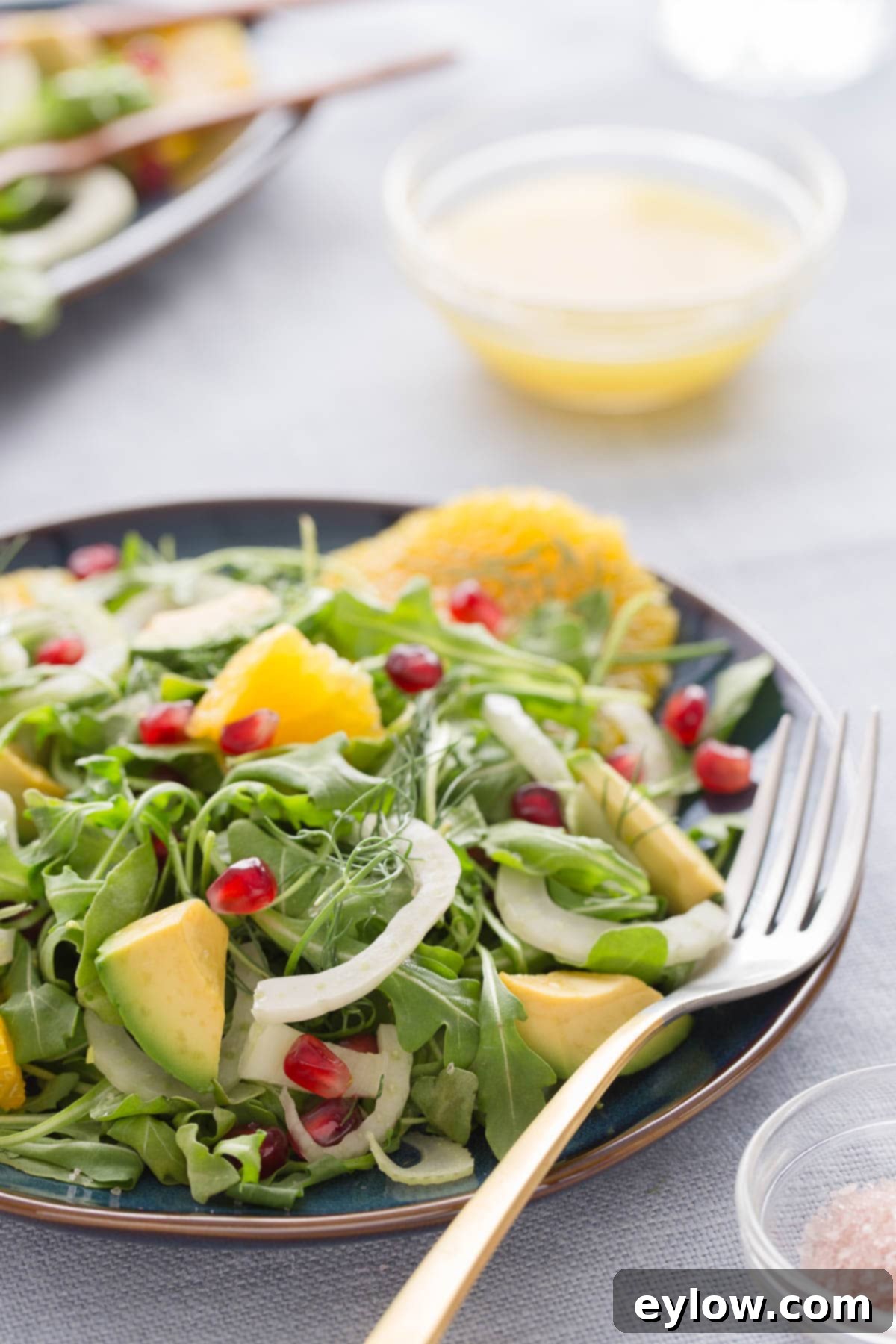 A refreshing winter salad with shaved fennel, fresh orange, pomegranate, and avocado on a plate.