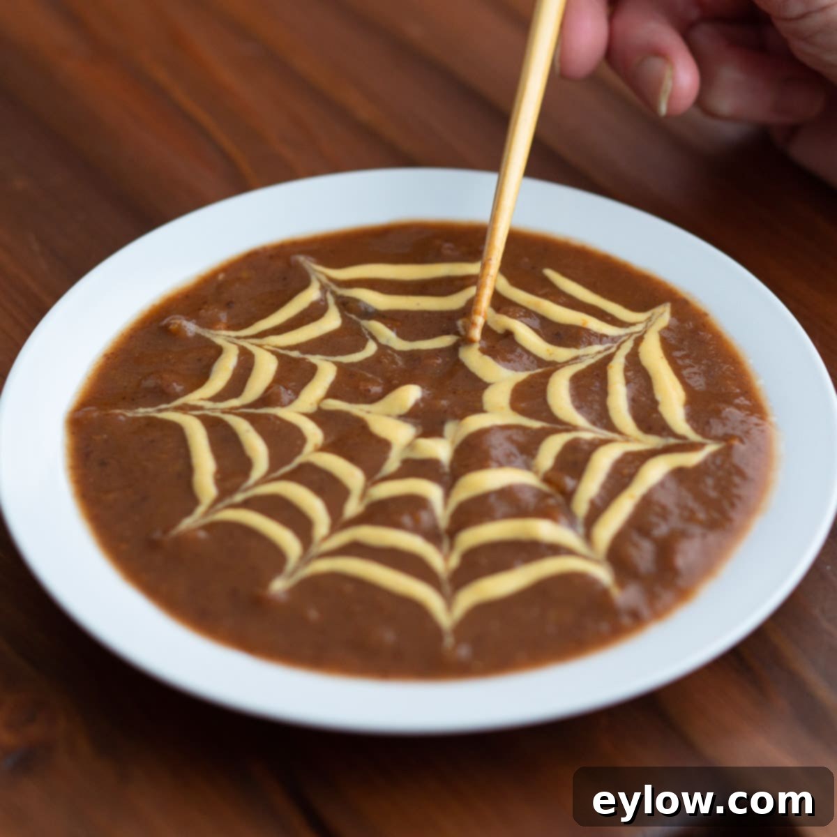 Soup Spider Web-2 Making a spider web design on top of black bean soup as a garnish.
