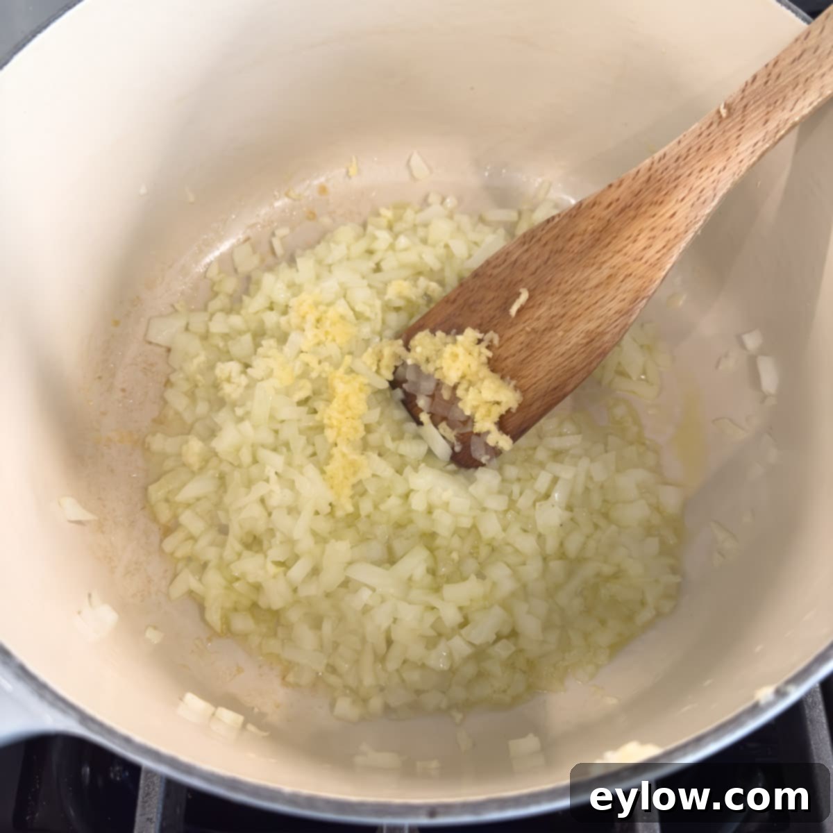 Velvety Black Bean Pumpkin Harvest Soup 5 Sautéing onions and garlic in a Dutch oven.