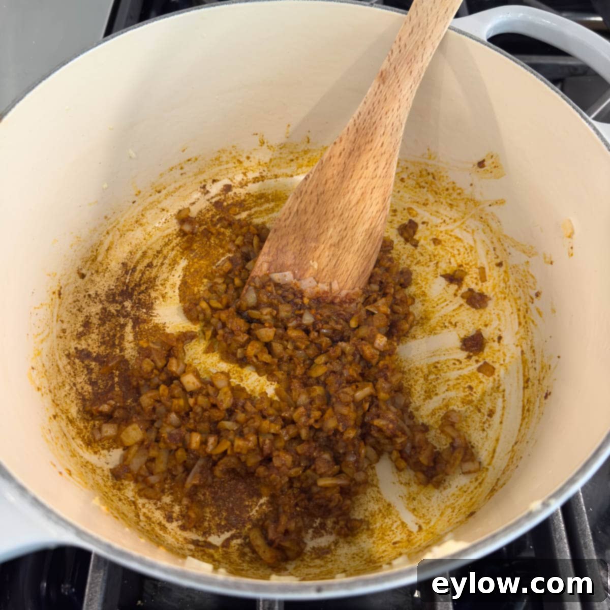 Velvety Black Bean Pumpkin Harvest Soup 6 Adding spices to cooking onion and garlic in a big pot.