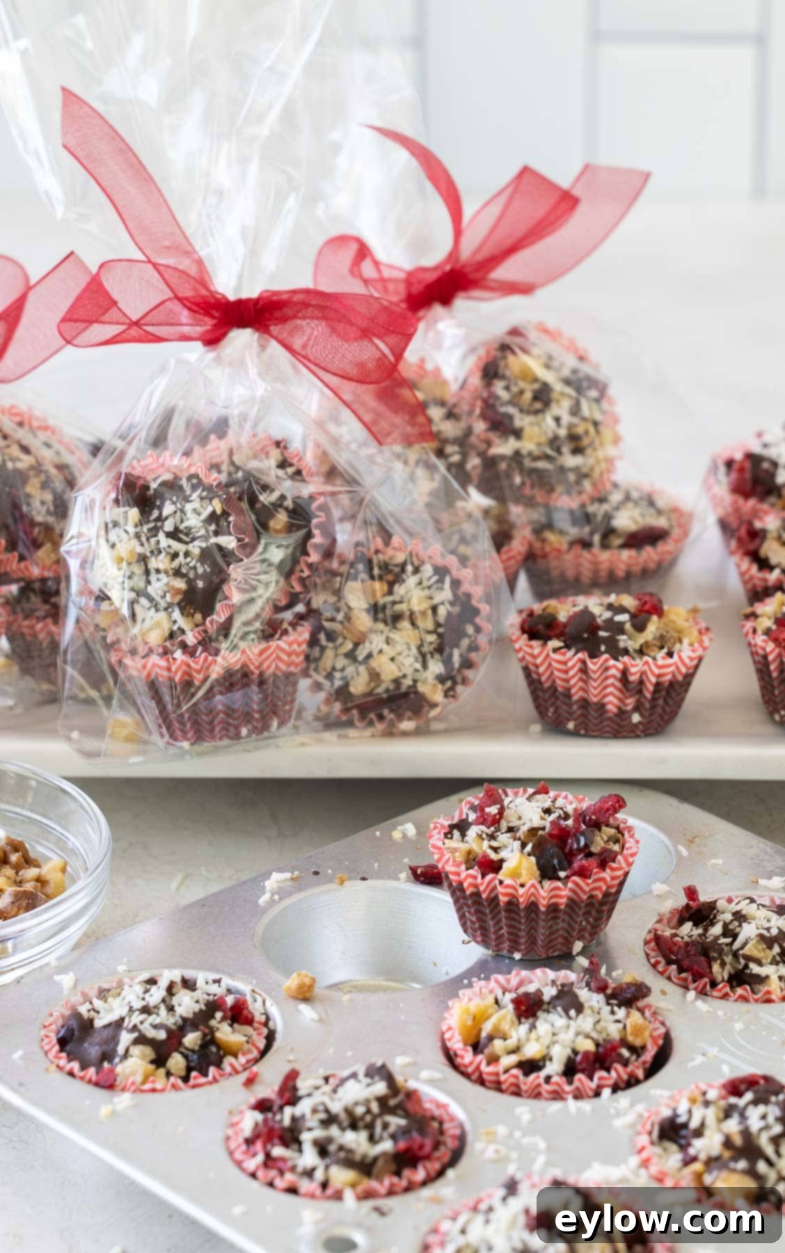 Close-up of homemade dark chocolate bark bites with cranberries, walnuts, and coconut on a rustic wooden board, ready to be served.