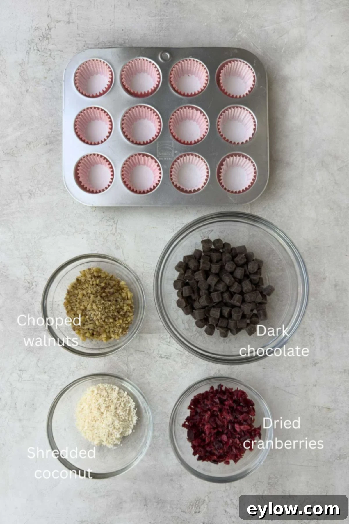 A selection of ingredients for chocolate bark bites laid out on a kitchen counter: dark chocolate chunks, walnuts, dried cranberries, and shredded coconut.