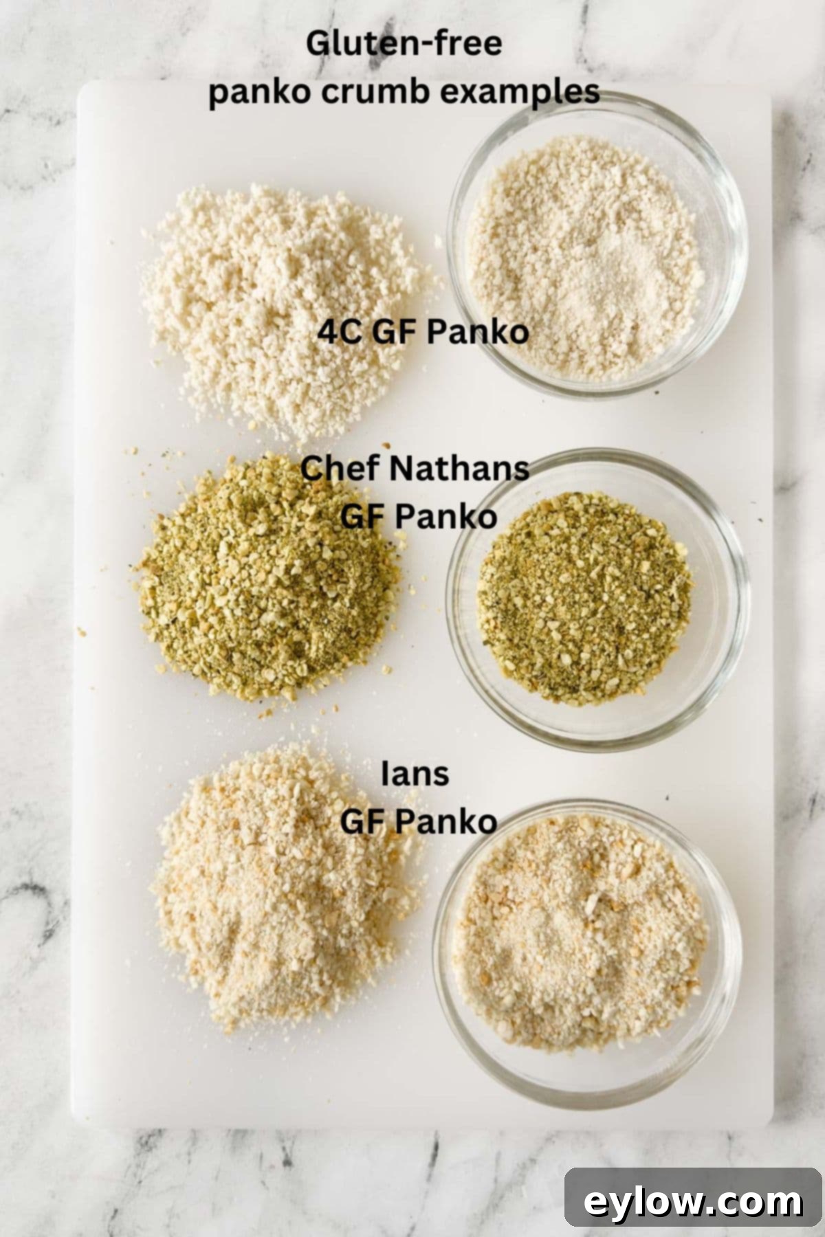 Examples of the difference in gluten-free panko brands on a white cutting board.