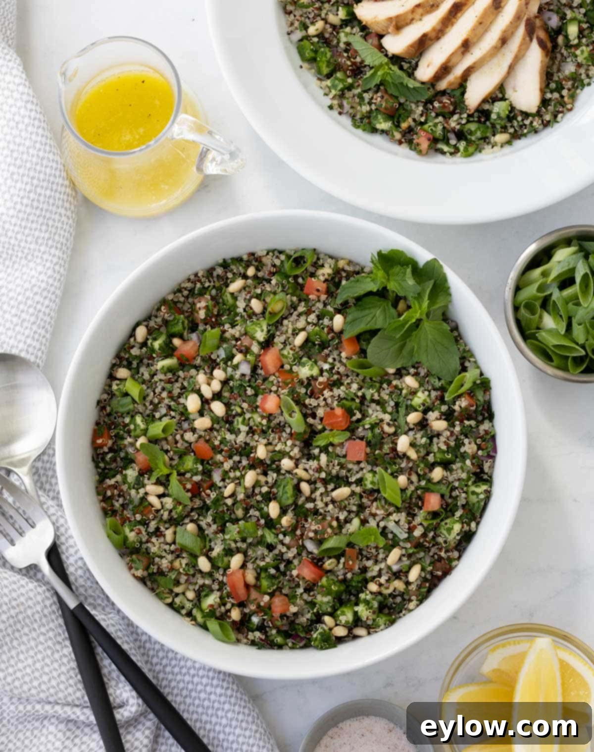 A bowl of tabouli with lots of green parsley, mint, tomatoes, quinoa, and pine nuts.