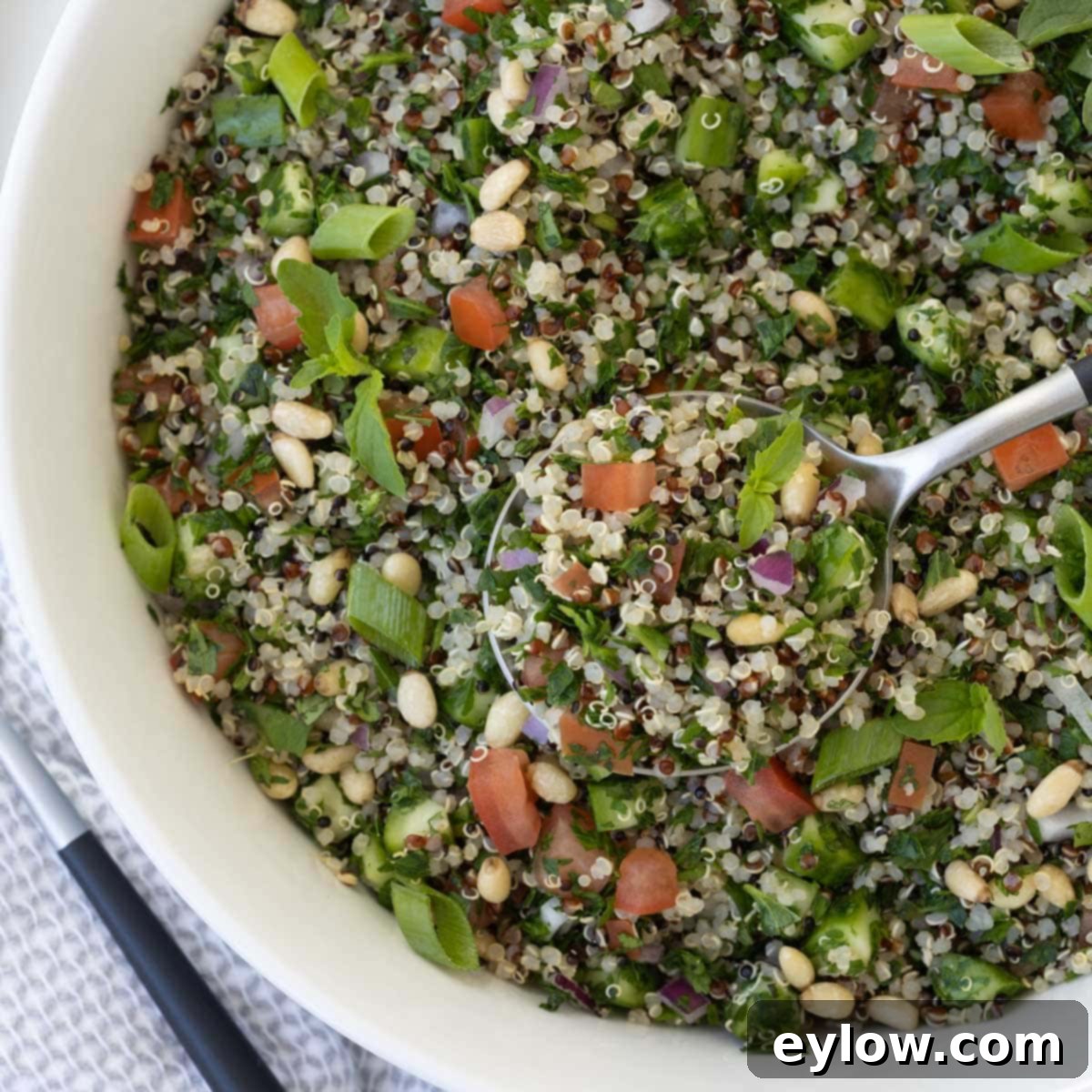 A close up of tabouli salad in a white bowl.
