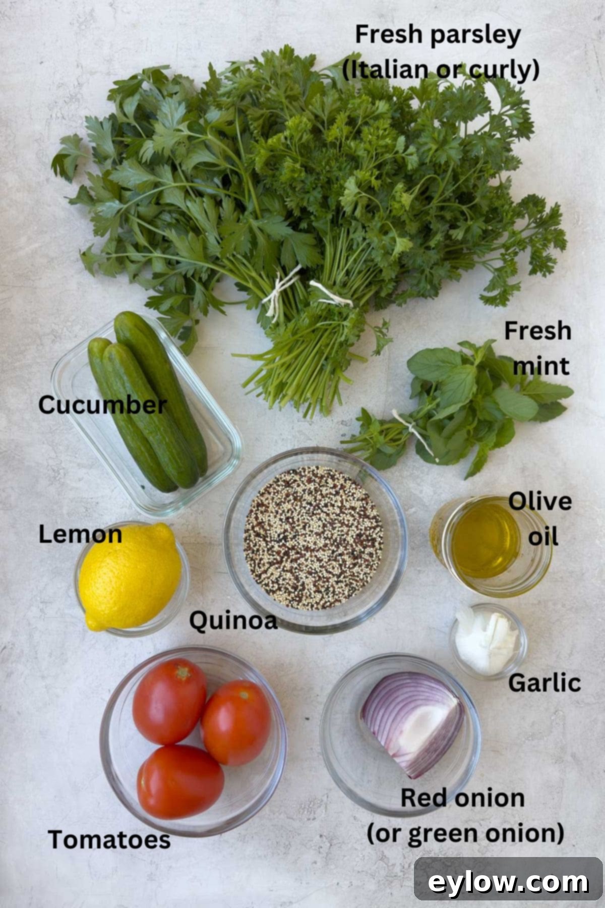 Fresh ingredients for tabouli (tabbouleh) with parsley, tomatoes, and herbs.