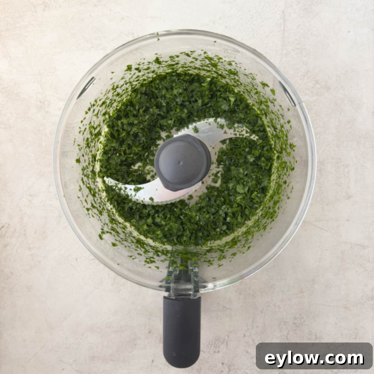 Chopped green parsley in the bowl of a food processor.