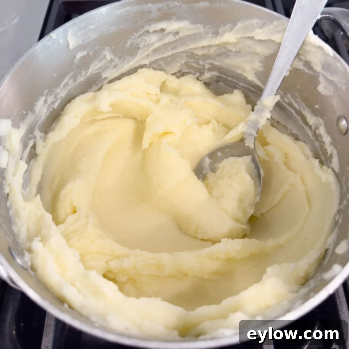 Creamy finished riced mashed potatoes with a stirring spoon in a pot
