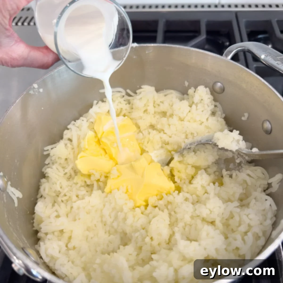 Riced mashed potatoes being finished with butter and milk. 