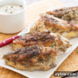 Braised chicken with creamy cashew gravy on a blue plate.