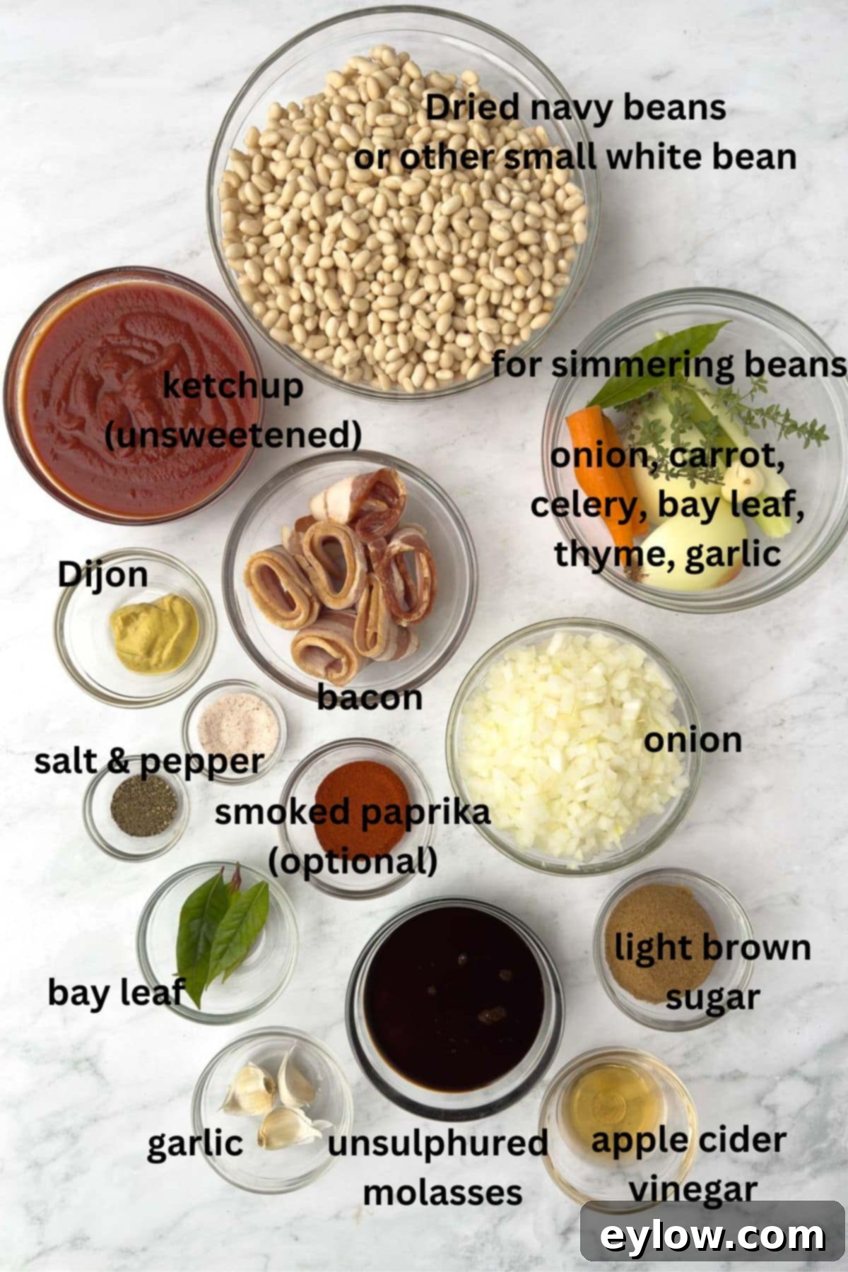 Various ingredients for Boston baked beans, including dried beans, molasses, bacon, and spices, arranged neatly on a kitchen counter.