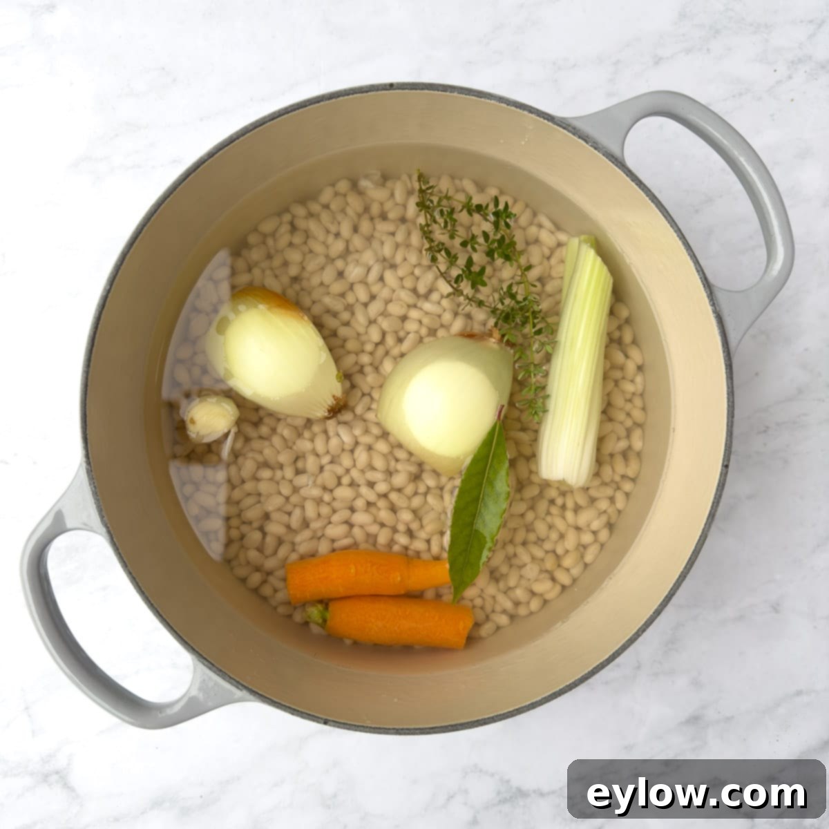 Soaked beans in a heavy pot with aromatics like onion, carrot, and herbs, ready to be cooked.