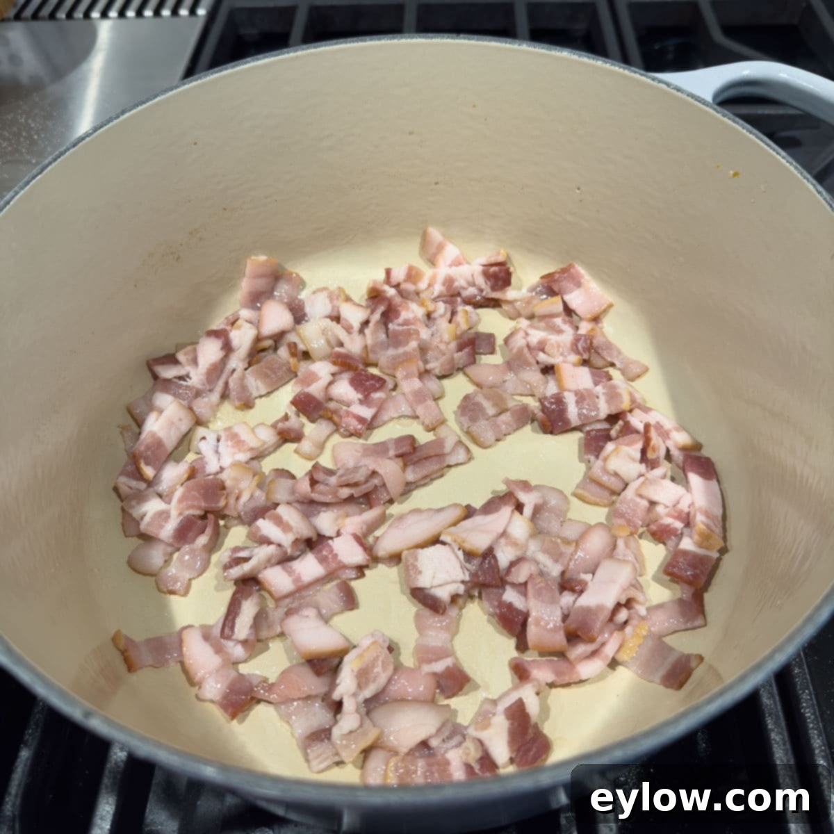 Raw thick-cut bacon, chopped into small pieces, cooking in a heavy Dutch oven.