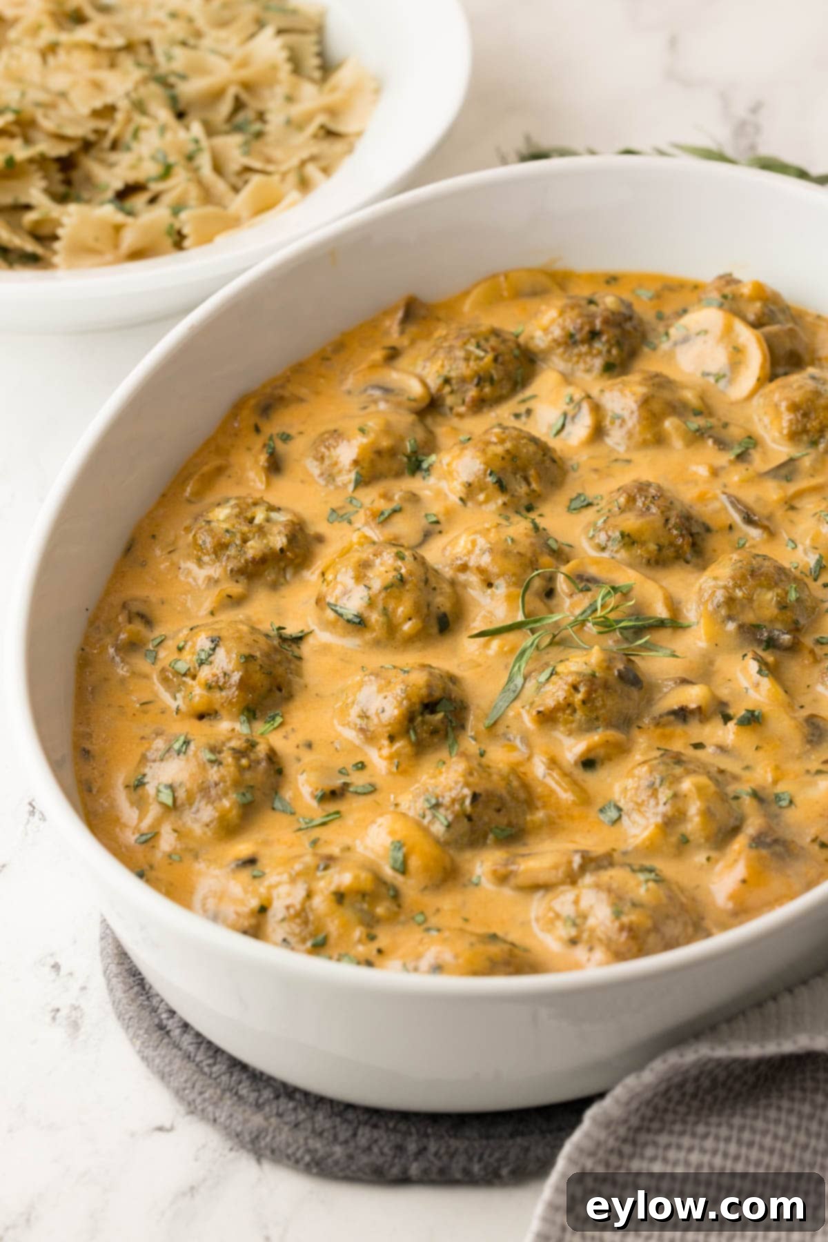 A white oval casserole dish filled with meatball beef stroganoff with pasta in a bowl beside.