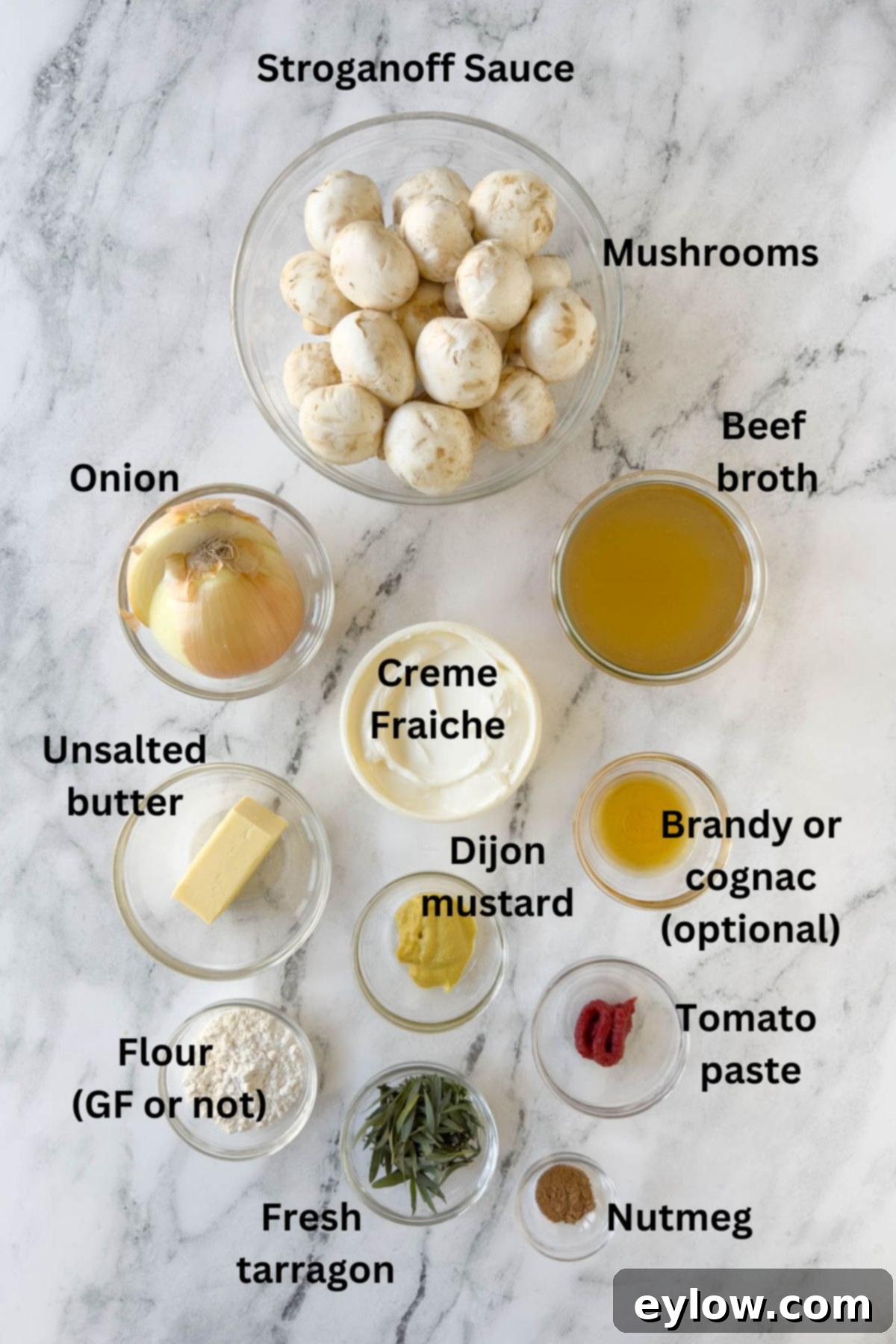 Ingredients for sauce for beef stroganoff in prep bowls ready to start cooking.