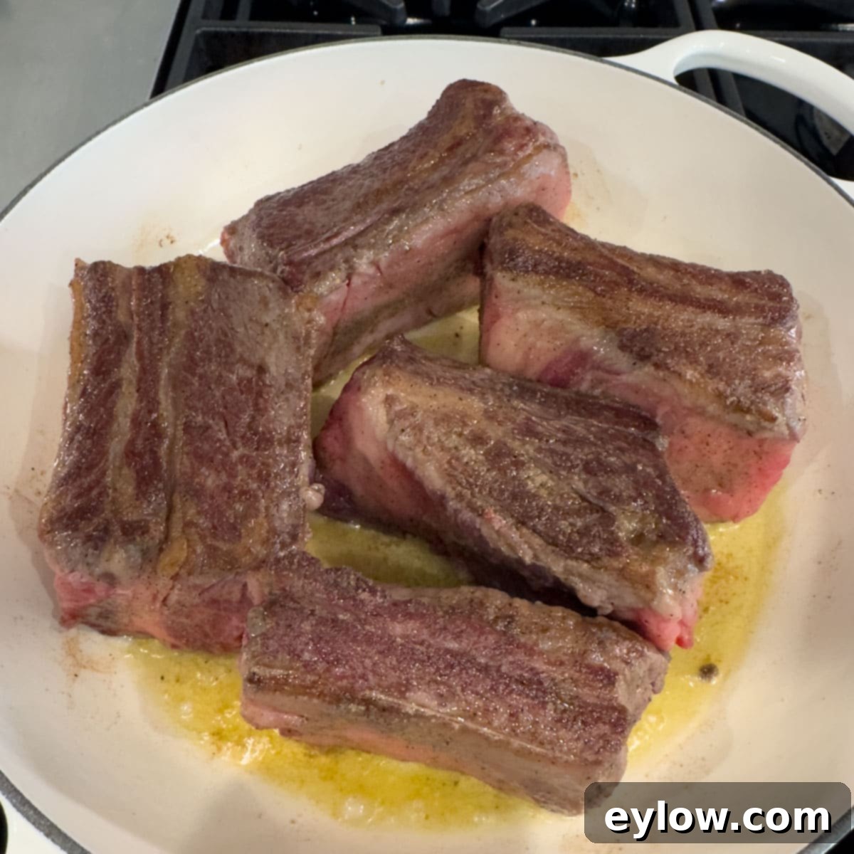 Browning beef short ribs in a white pan with olive oil.