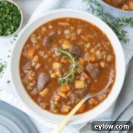 Hearty Beef, Barley & Vegetable Soup 13 The deep colors of beef barley soup in a white bowl with herbs.