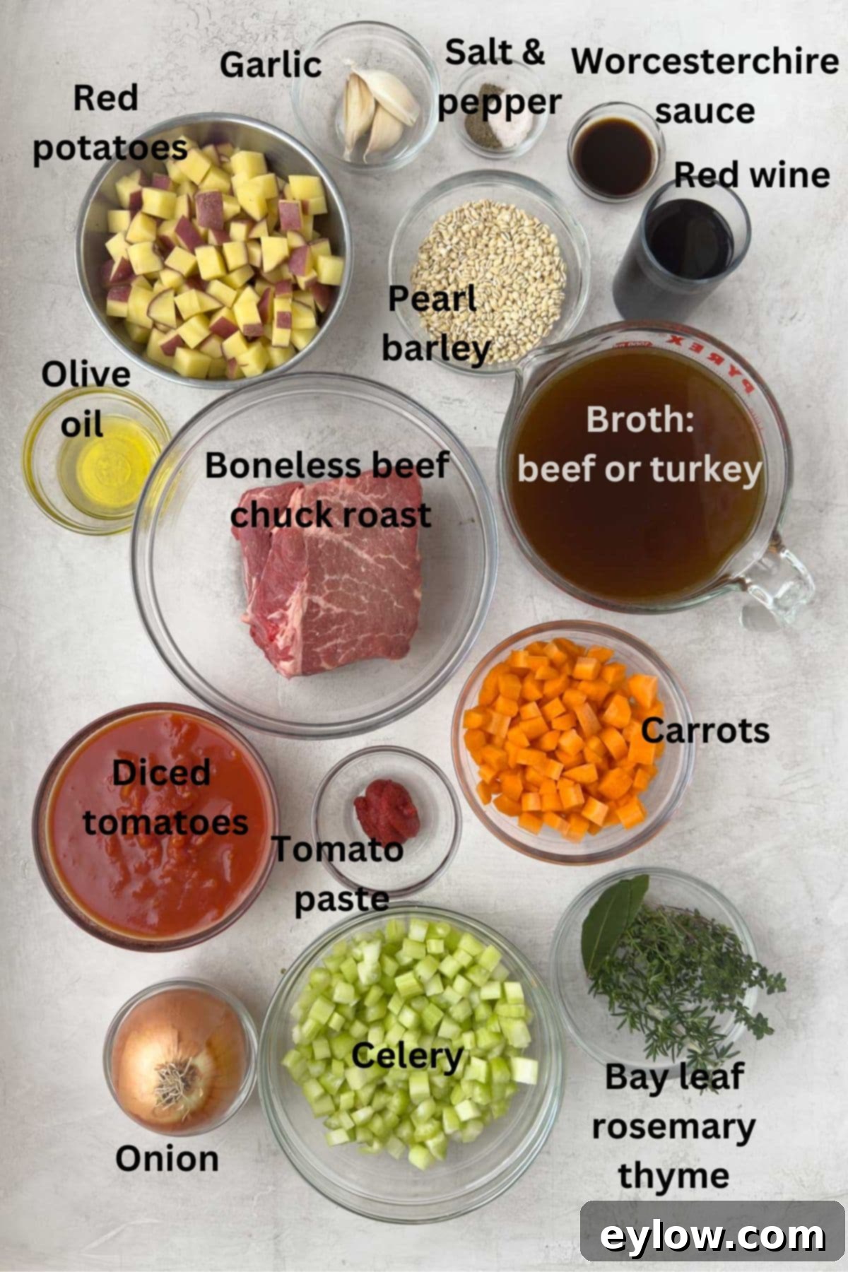 Hearty Beef, Barley & Vegetable Soup 3 Various fresh ingredients laid out in bowls, ready to make beef barley vegetable soup.