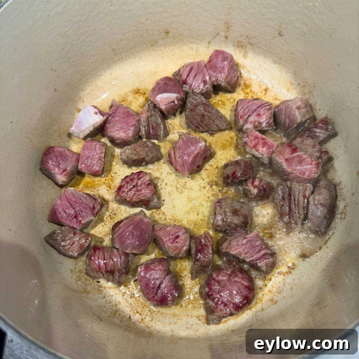 Hearty Beef, Barley & Vegetable Soup 5 Browning cubes of beef in a Dutch oven until deeply caramelized.