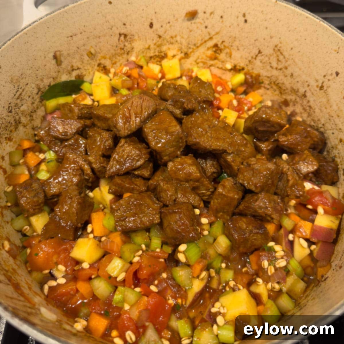 Hearty Beef, Barley & Vegetable Soup 10 Browned beef cubes returned to the pot, sitting atop the mixed vegetables before adding broth.