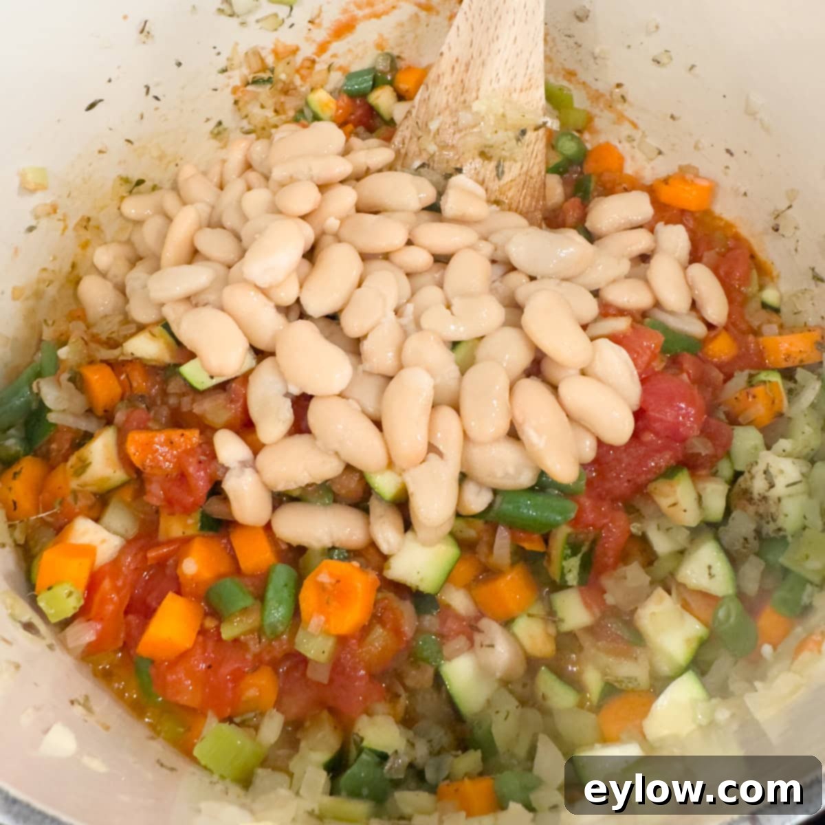 Soul-Warming Chicken Minestrone 7 Cannellini beans just added to chicken minestrone soup.