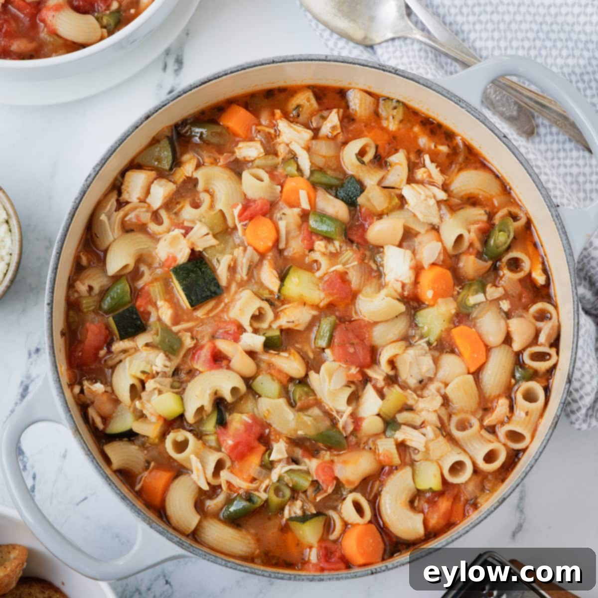 Soul-Warming Chicken Minestrone 10 A dutch oven full of chicken minestrone soup with a bowl on the side.