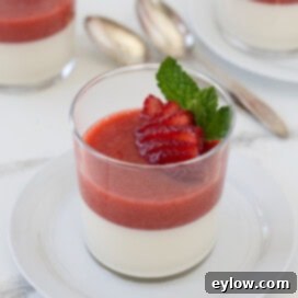 Velvety Strawberry Panna Cotta with Sweet Berry Drizzle 13 a single glass of strawberry panna cotta with berries and mint.