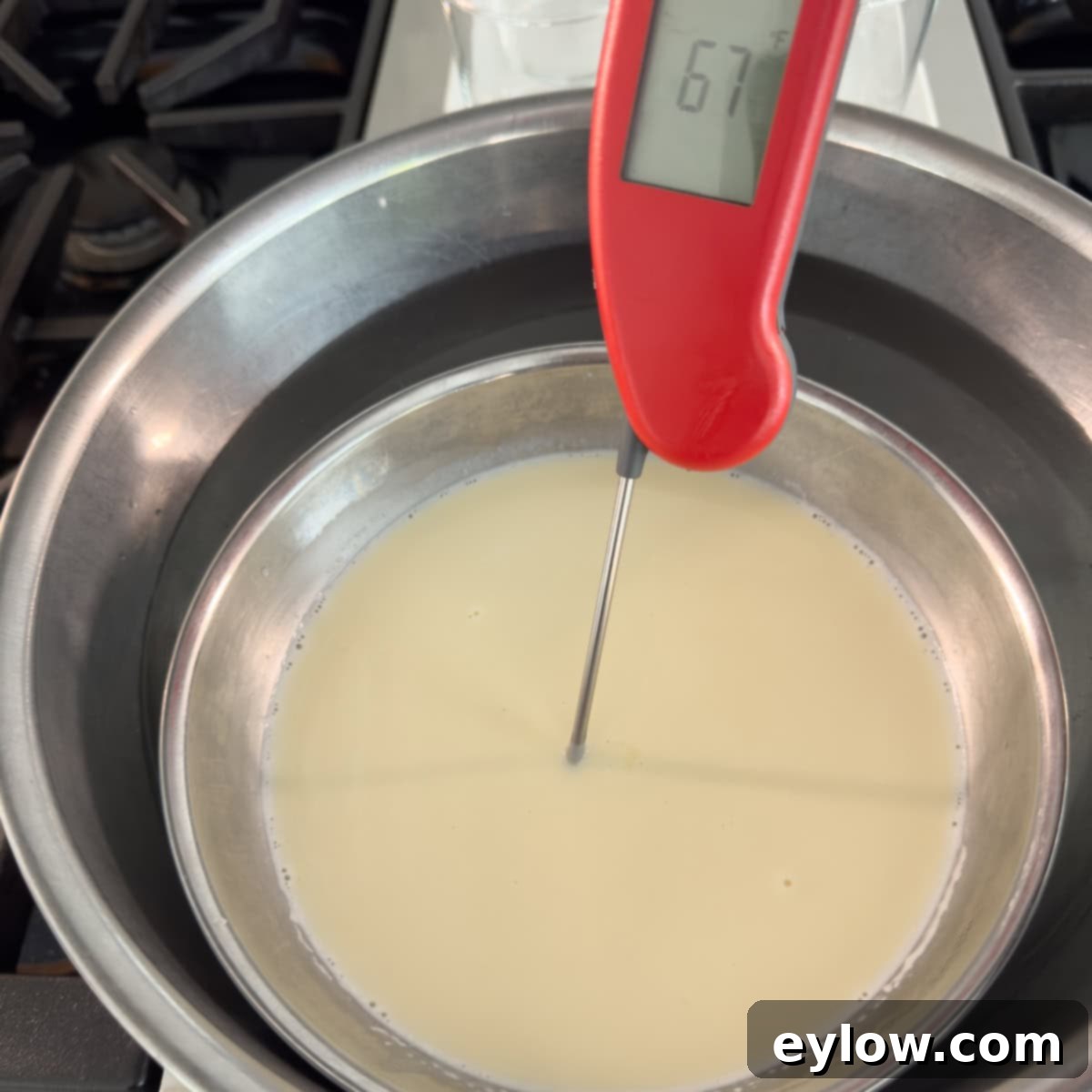 Velvety Strawberry Panna Cotta with Sweet Berry Drizzle 8 Chilling cooked cream and sugar in an ice bath with a red digital thermometer.