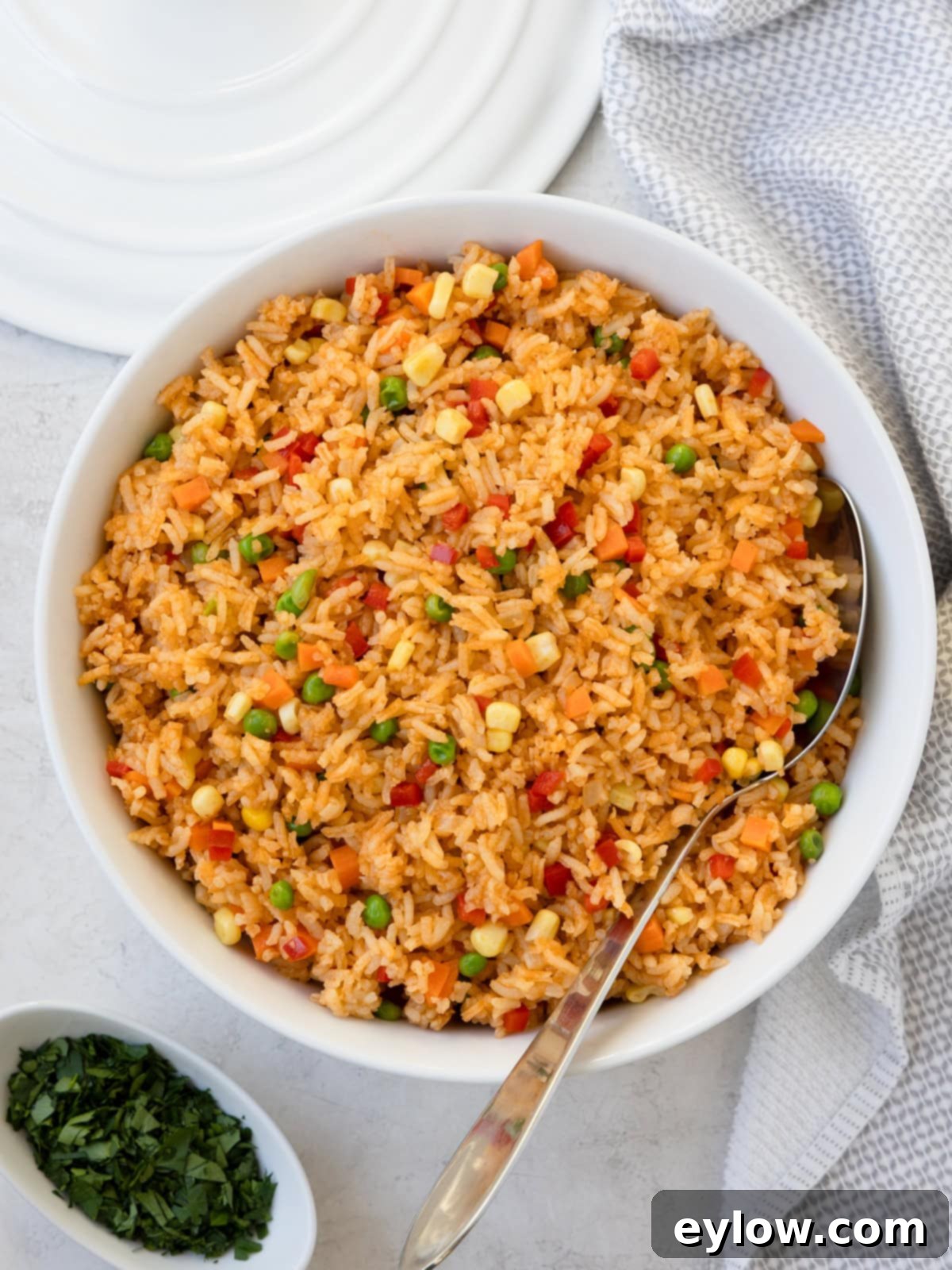 Vibrant Vegetable Rice Medley 2 A round white bowl filled with colorful vegetables and rice with a serving spoon inside.