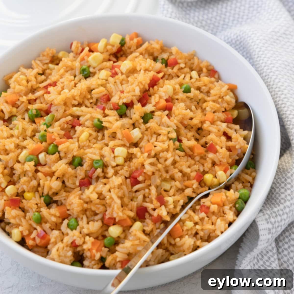 Vibrant Vegetable Rice Medley 11 A bowl of colorful rice with mixed vegetables and a parsley garnish ready to serve.