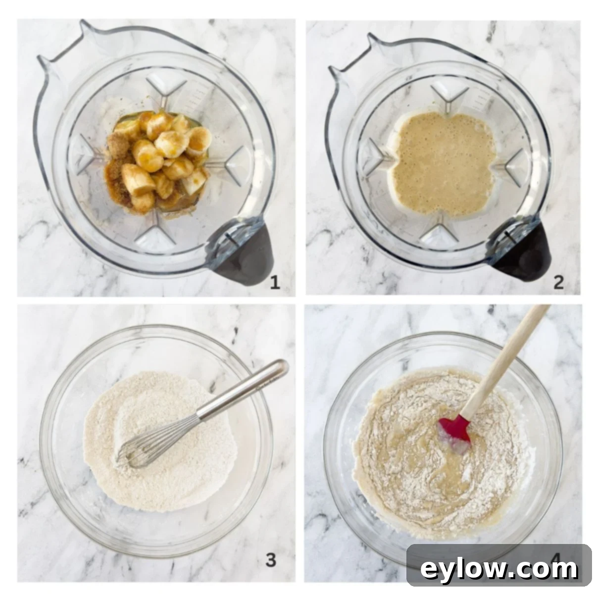 A series of four sequential photos illustrating the initial steps of preparing chocolate chip banana muffins, including blending wet ingredients, mixing dry ingredients, combining them, and folding in chocolate chips.