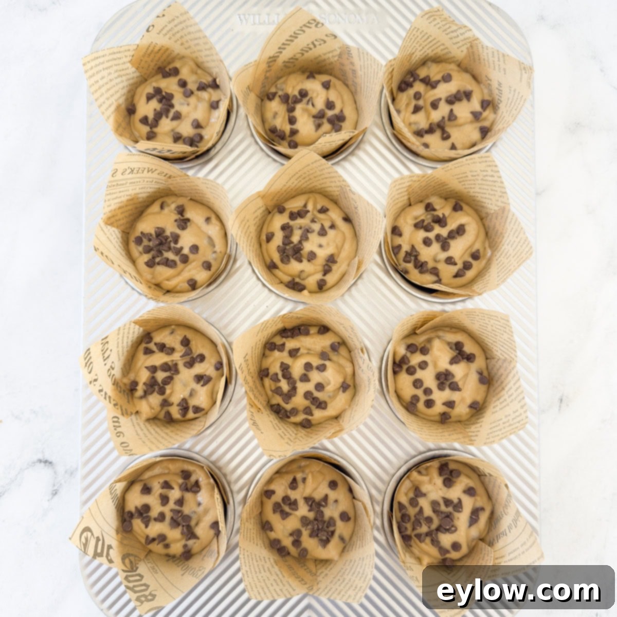 Chocolate chip banana muffin batter neatly portioned into individual baking cups within a muffin pan, ready for the oven.
