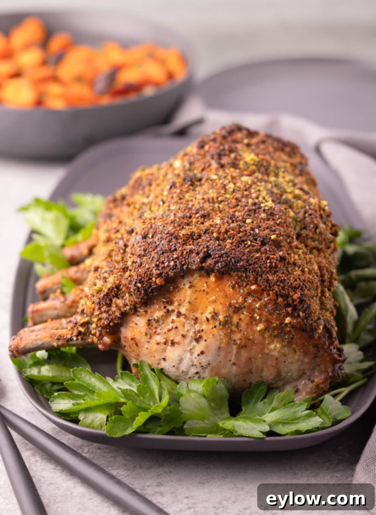 Pistachio-Encrusted Pork Rib Roast 2 Golden crusted bone-in pork rib roast on a gray platter with parsley leaves.