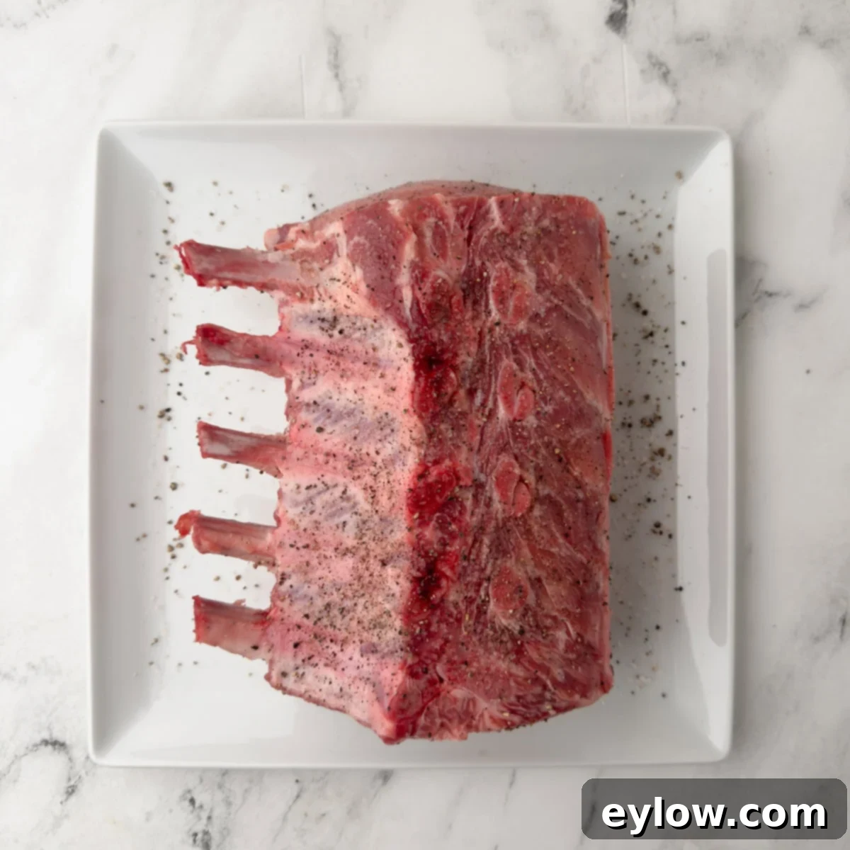 Pistachio-Encrusted Pork Rib Roast 6 A 5 bone pork rib roast being seasoned with salt and pepper on a plate.