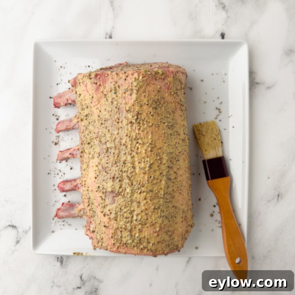 Pistachio-Encrusted Pork Rib Roast 7 A pork rib roast coated in mustard as a binder for the crust on a white plate.