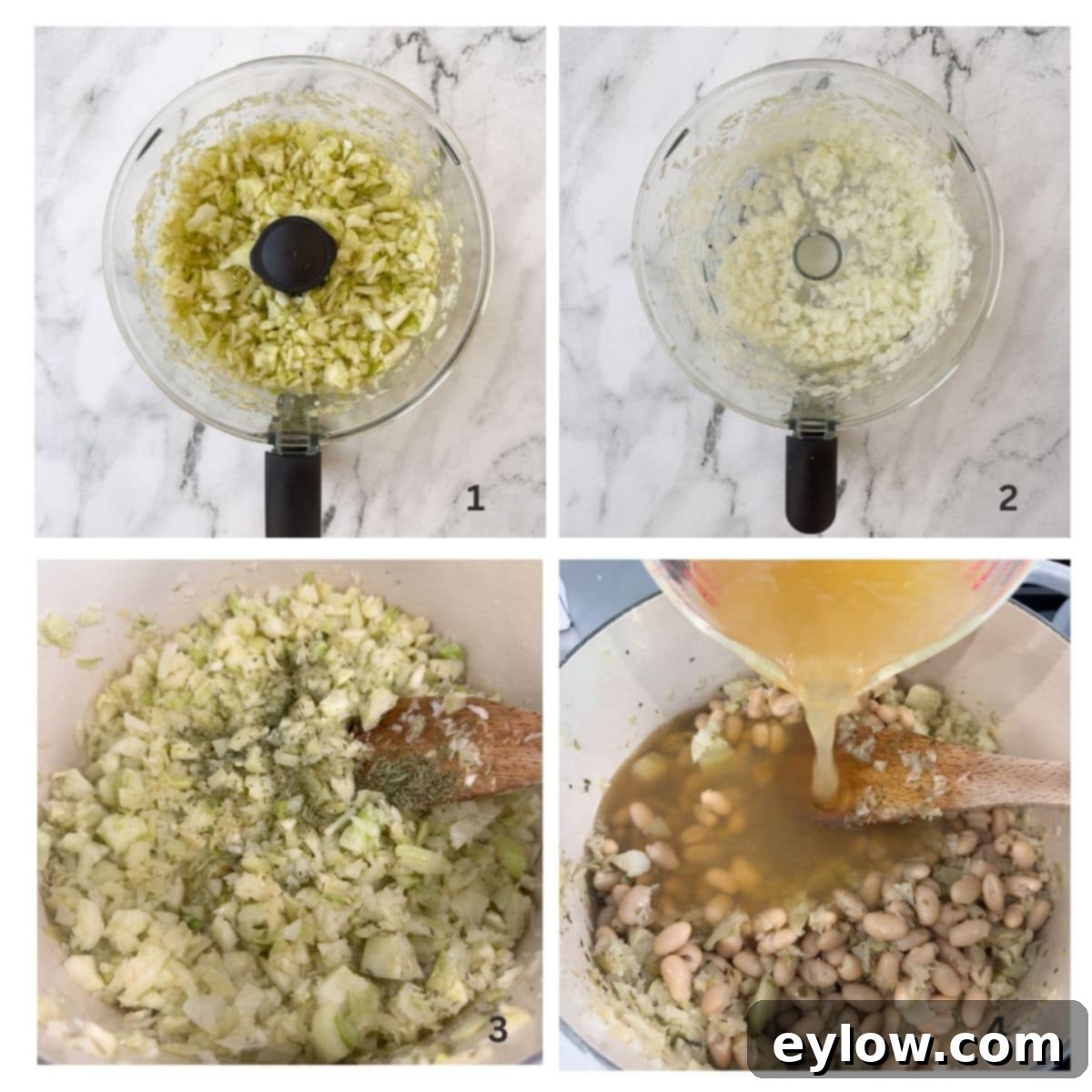 Velvety Fennel and White Bean Soup 4 Four steps showing steps for fennel soup, chopping vegetables, sauteing, simmering.