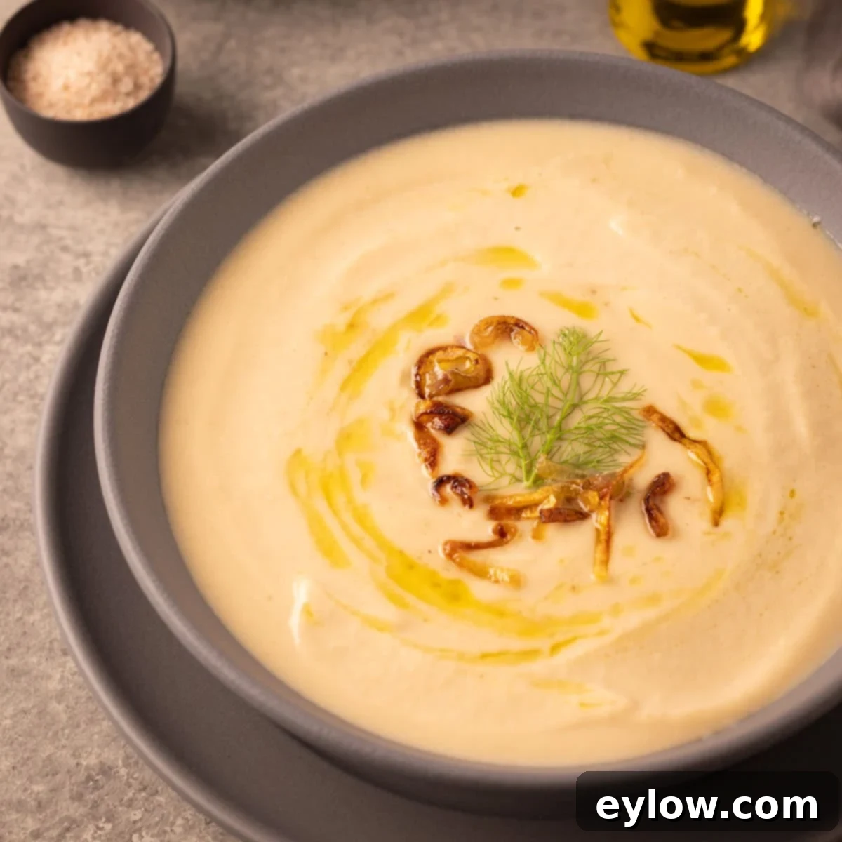 Velvety Fennel and White Bean Soup 6 A gray bowl of fennel and white bean soup with olive oil and fried shallots.