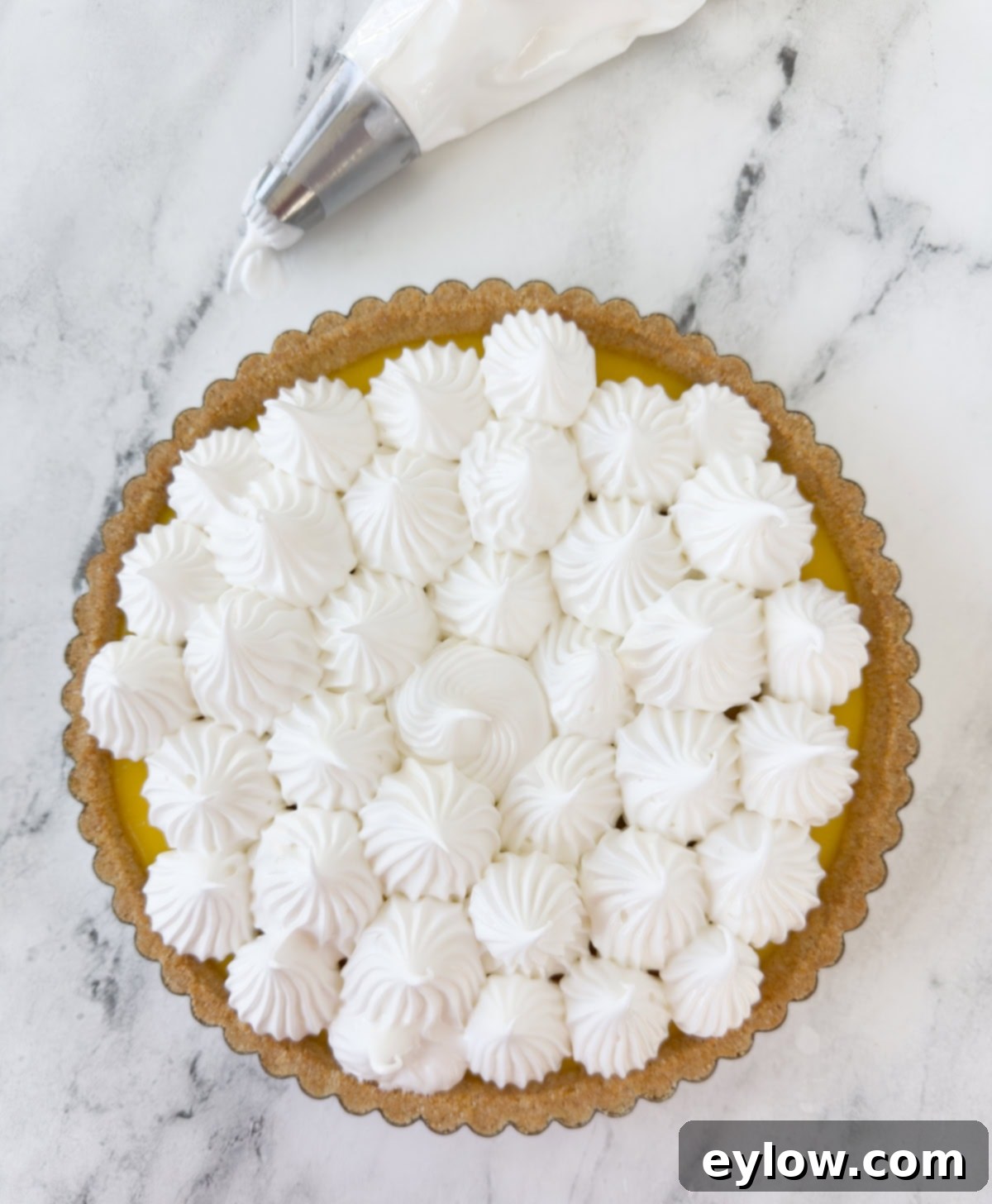 Zesty Lemon Meringue Tart 12 A close-up of torched meringue on a lemon meringue tart, showing the golden-brown peaks.