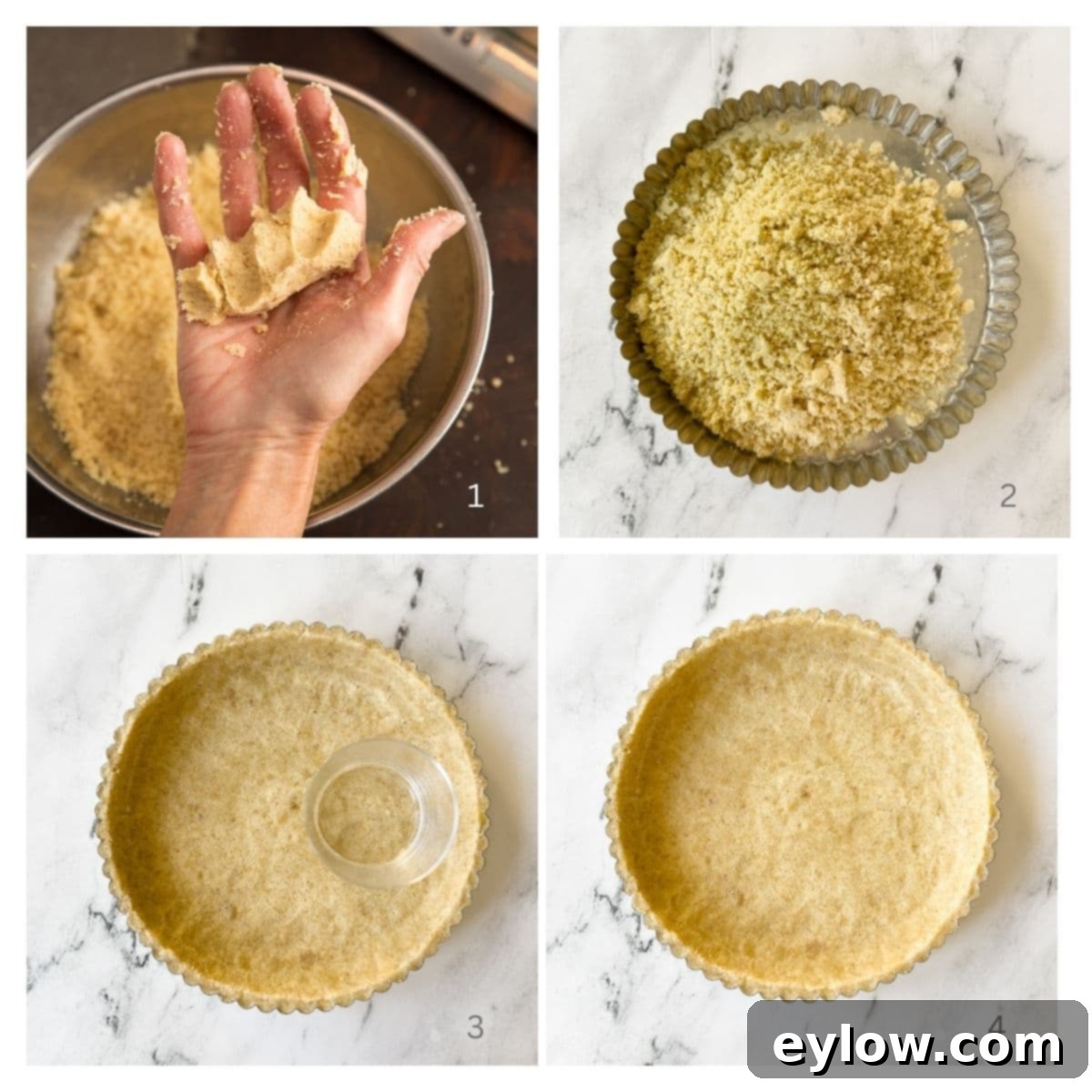 Zesty Lemon Meringue Tart 5 Photo collage showing the steps for making the tart crust: combining ingredients, pressing into pan, creating an edge, and baking.