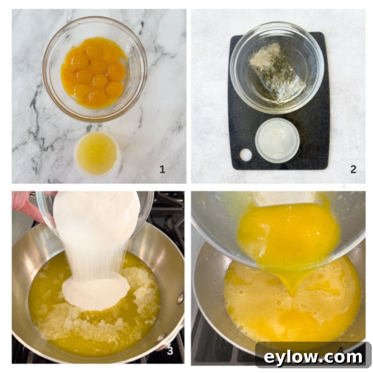 Zesty Lemon Meringue Tart 6 Photo collage of making lemon curd on the stovetop, with egg yolks, lemon juice, and sugar being whisked.