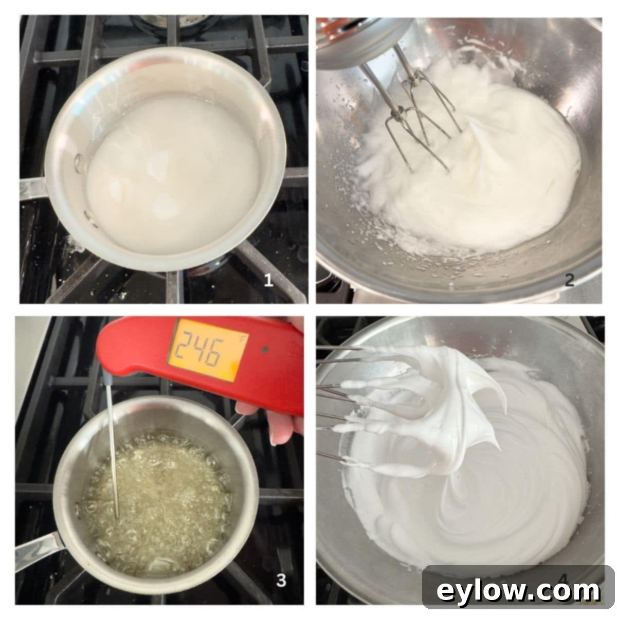 Zesty Lemon Meringue Tart 10 Four photos illustrating the process of making Italian meringue, from boiling sugar syrup to fully whipped, glossy meringue.