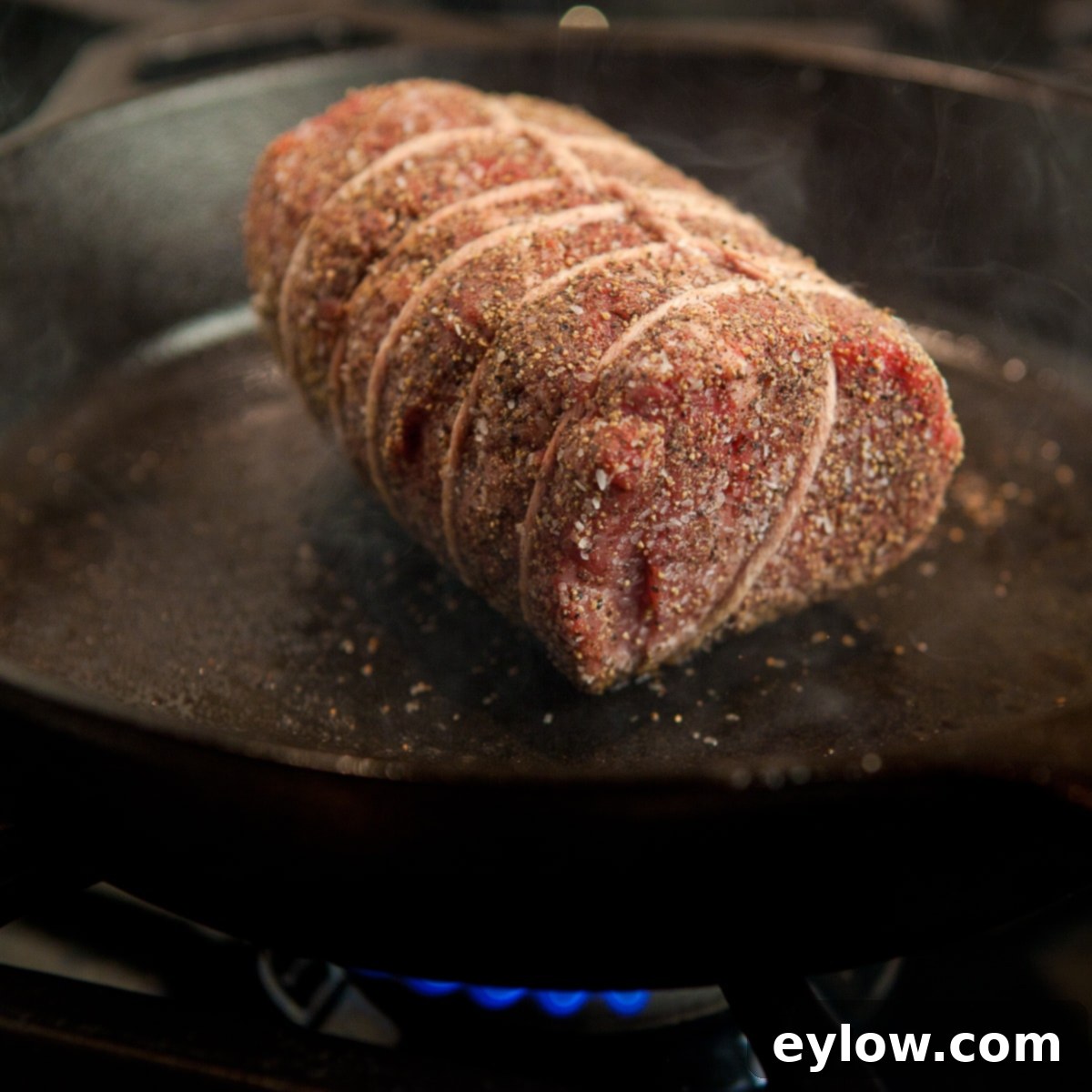 A tied and seasoned beef tenderloin just starting the searing process in a cast iron pan.
