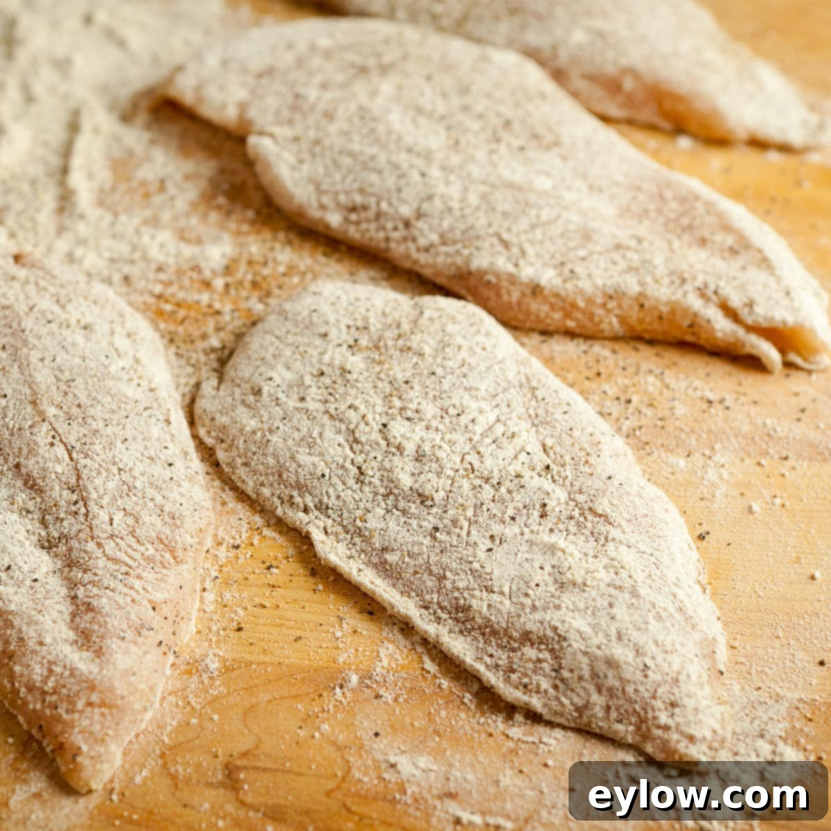 Seasoned and lightly floured chicken breast halves arranged on a plate, ready to be sauteed.