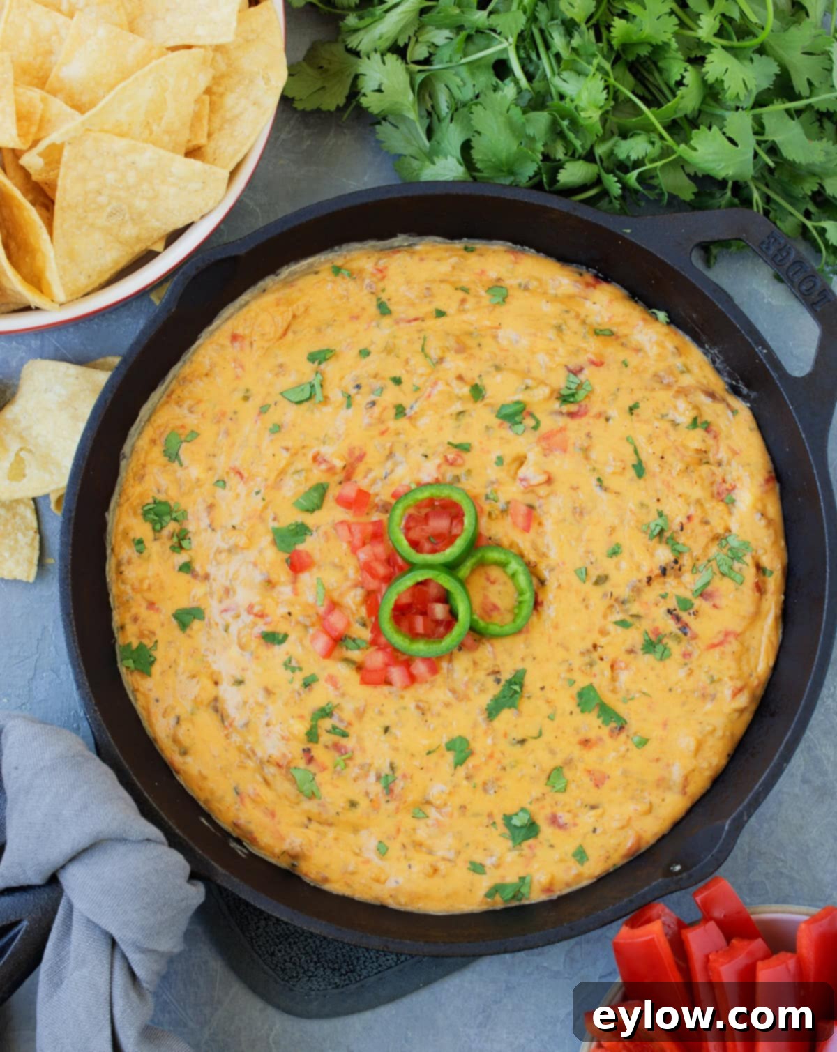 A cast iron skillet filled with melted bright orange queso dip with jalapenos, cilantro, and chips.