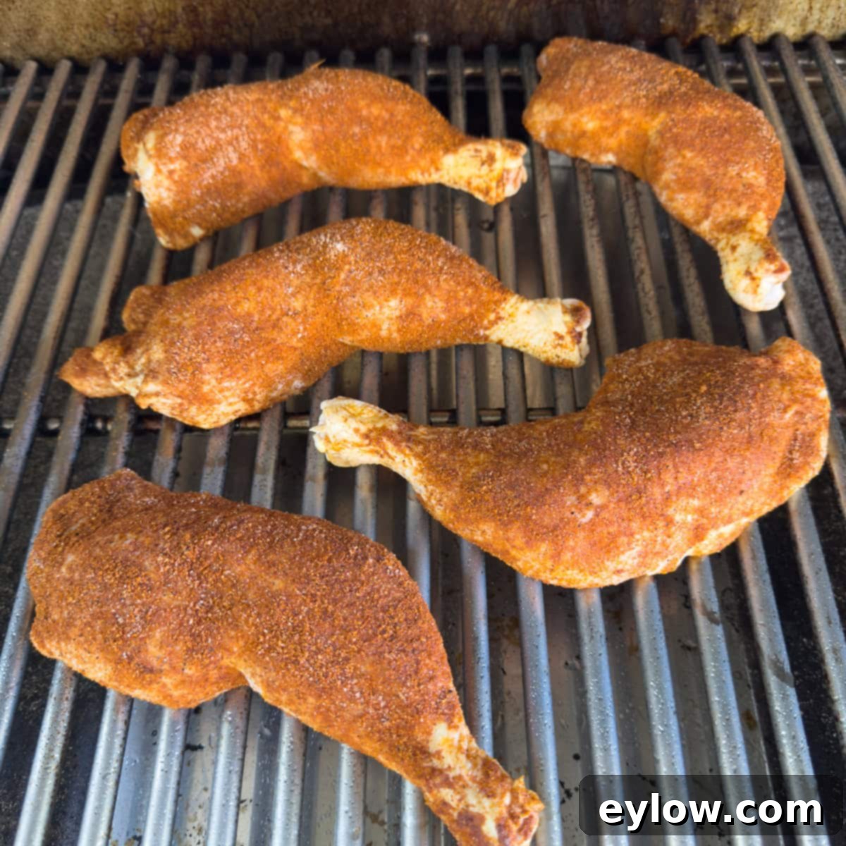 Dry rubbed chicken legs on a grill for smoking.