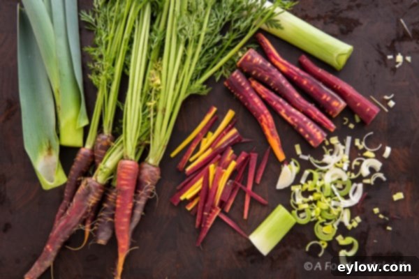 Julienned carrots and sliced leeks for parchment chicken